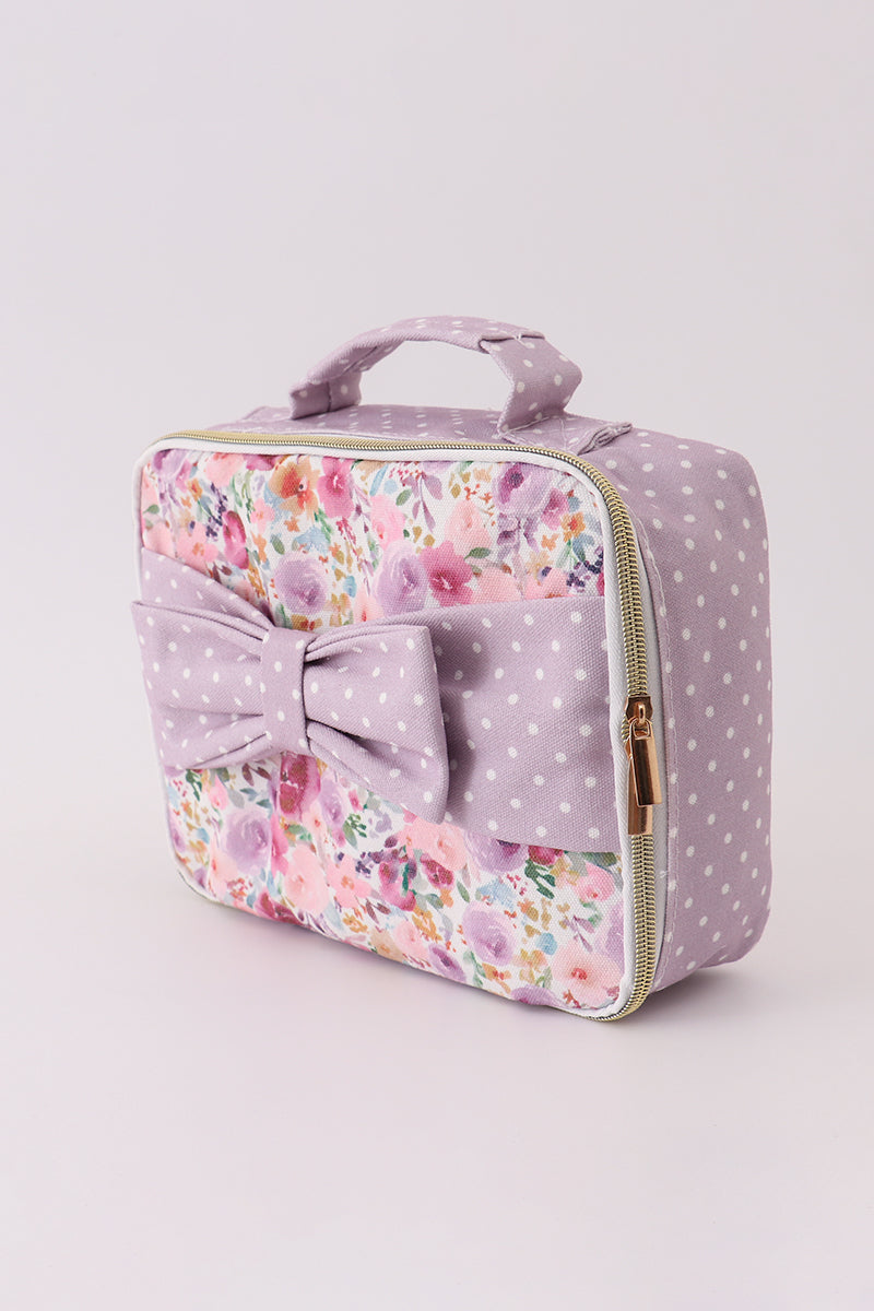 Purple floral print canvas bow lunch bag
