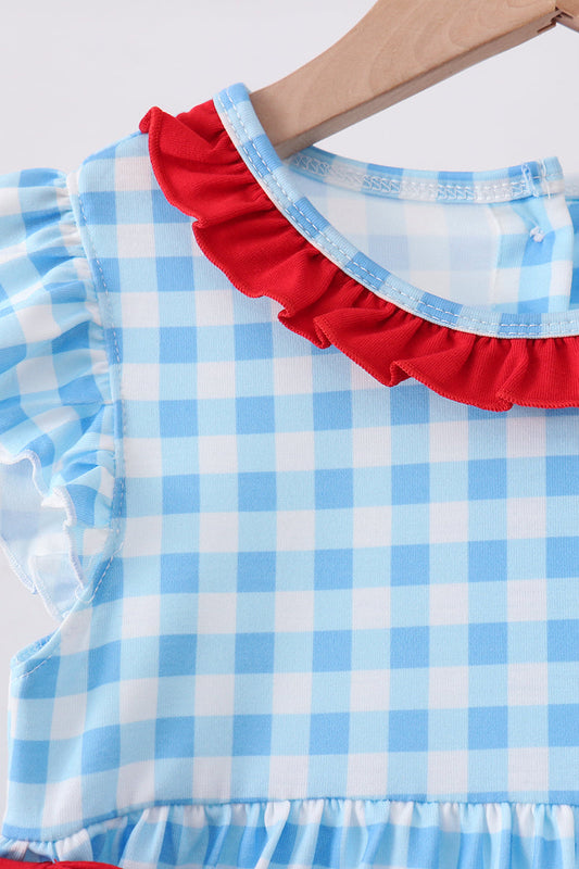 Blue Apple Appliqué Gingham Ruffle Dress