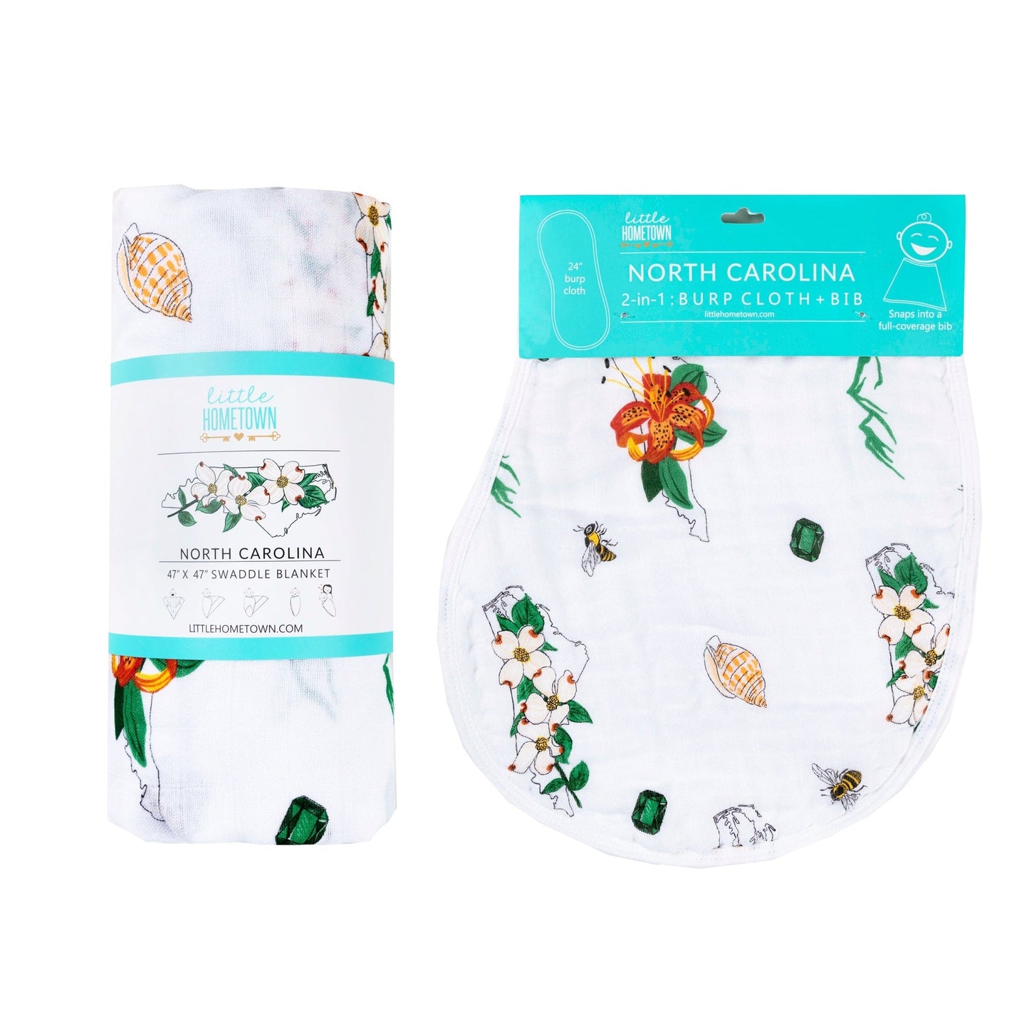 North Carolina Baby Gift Set: Muslin Swaddle & Bib (Floral)