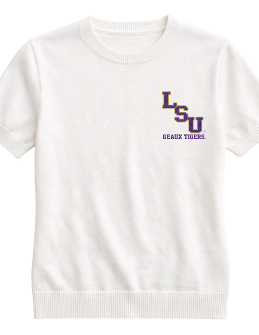Louisiana State University Small Block Letters Geaux Tigers Ivory Short Sleeve Sweater
