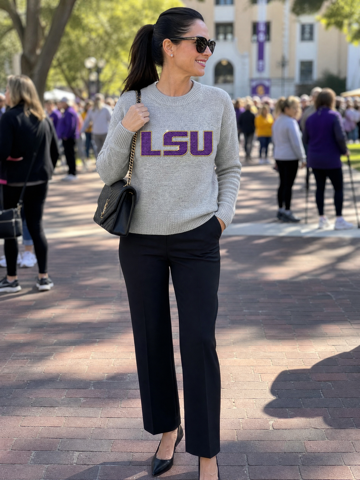 Louisiana State University Crystal Block Letters Gray Crewneck Sweater
