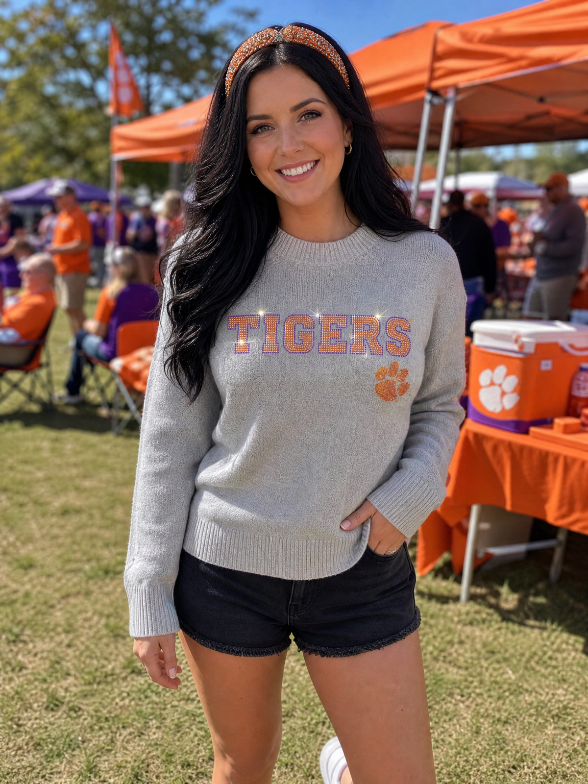 Clemson University Tigers Orange Paw Gray Crewneck Long Sleeve Sweater