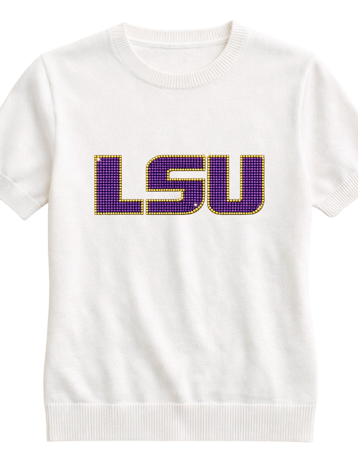 Louisiana State University Crystal Block Letters Ivory Short Sleeve Sweater
