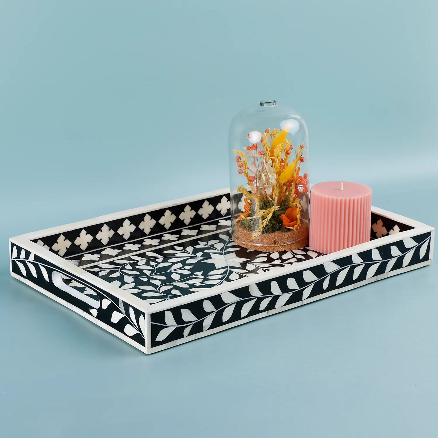 Decorative Tray Alhambra Negra Black White Bone & Resin Inlay – 11" x 17", 12" x 12"
