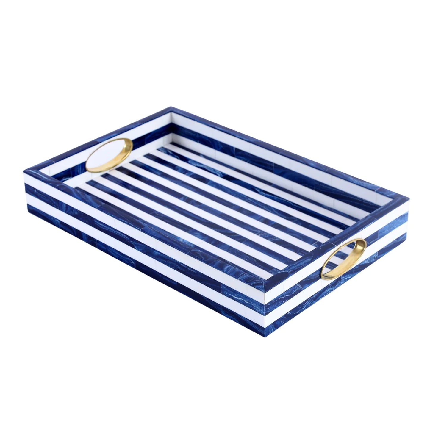 Blue White Resin Inlay Decorative Tray Brass Handle 17x11