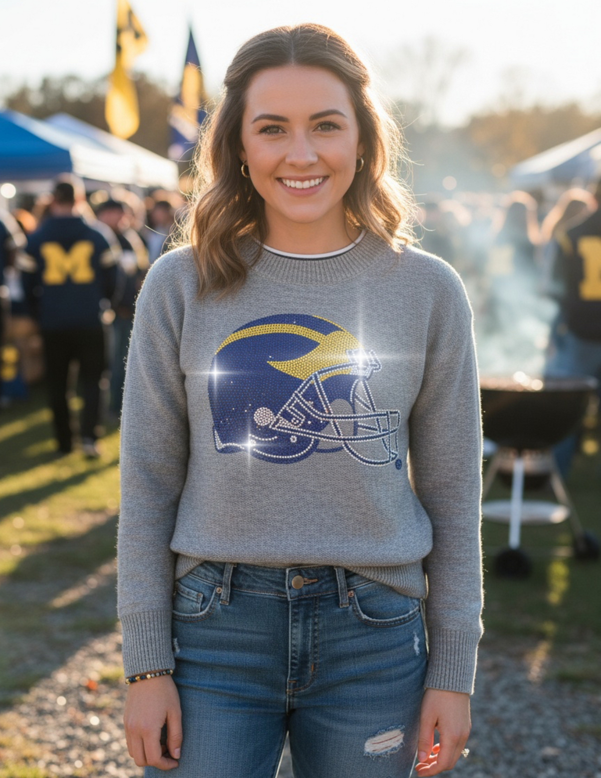 University of Michigan Helmet Gray Crewneck Long Sleeve Sweater