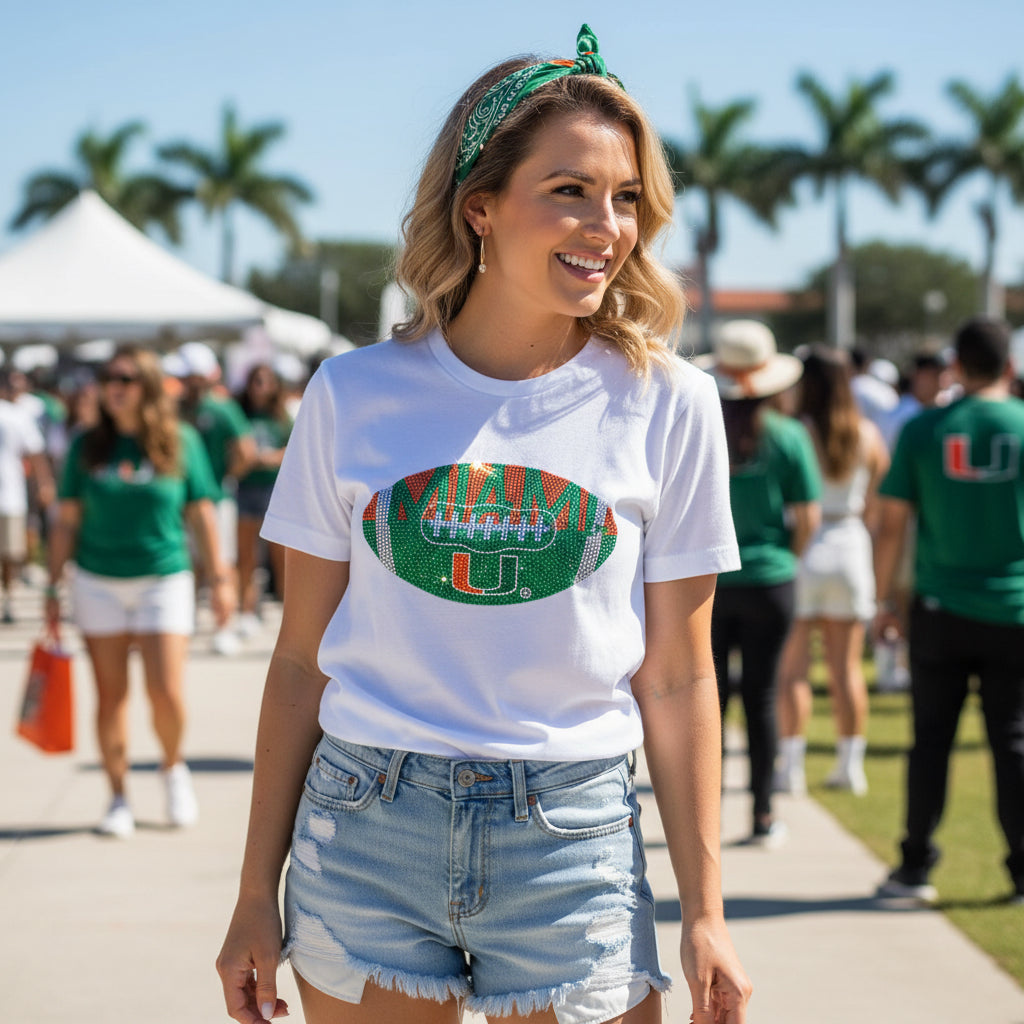 University Of Miami Football White Crewneck Short Sleeve T-Shirt