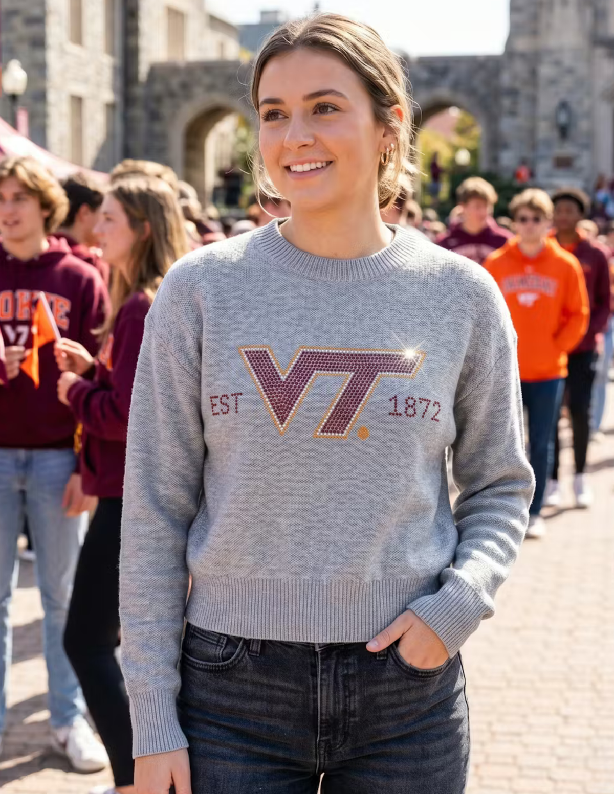 Virginia Tech EST. 1872 Gray Crewneck Long Sleeve Sweater