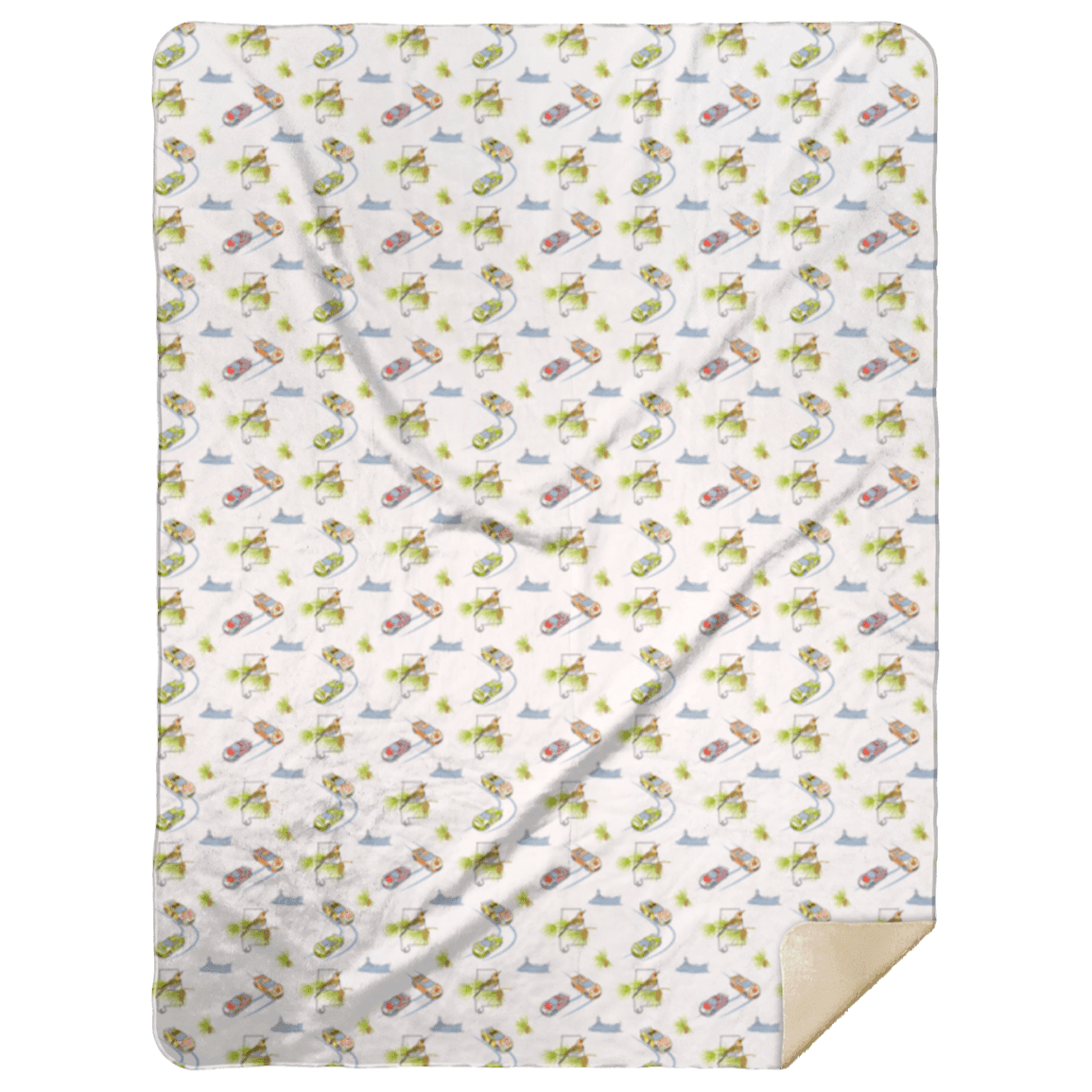 Floral patterned blanket with pink flowers on a white background