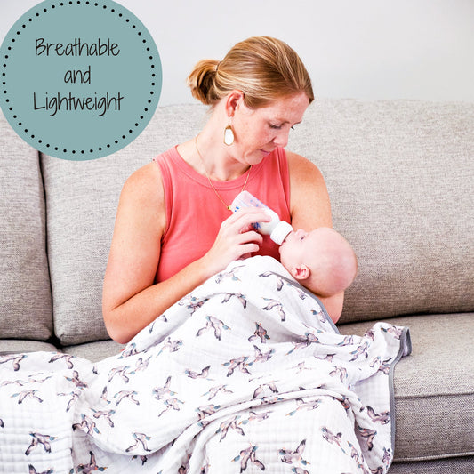 LollyBanks Muslin Baby Blanket, 100% Cotton Lightweight Baby Quilt, 47"x 47" and 6 Layers Newborn Blanket, (Mallard Duck Print)