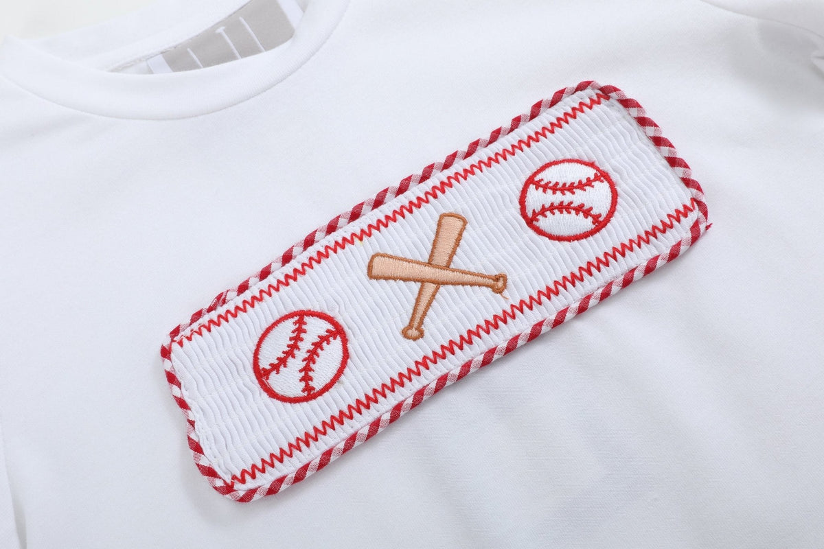 Baseball Smocked Shirt and Red Gingham Shorts Set