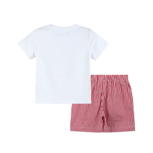 Baseball Smocked Shirt and Red Gingham Shorts Set