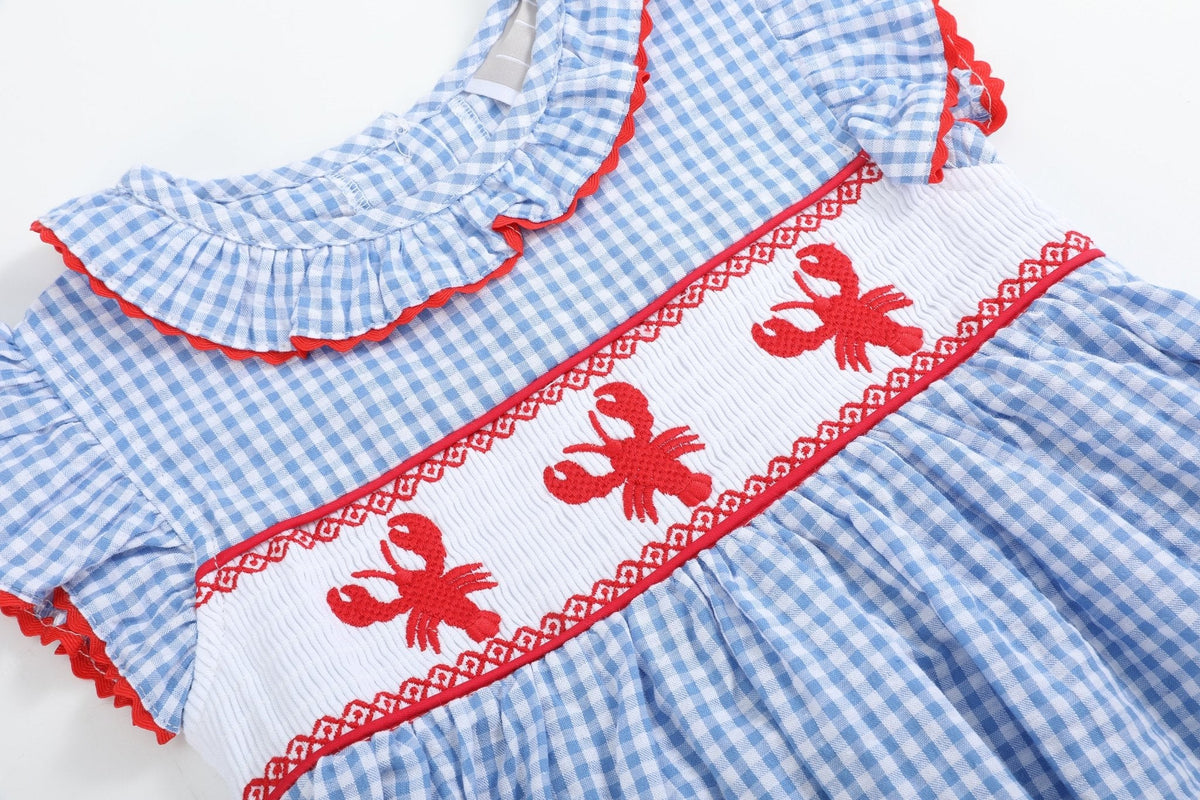 Blue Gingham Crawfish Smocked Dress