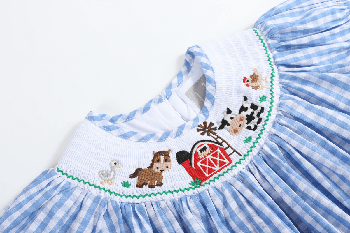 Blue Gingham Farm Smocked Bishop Dress
