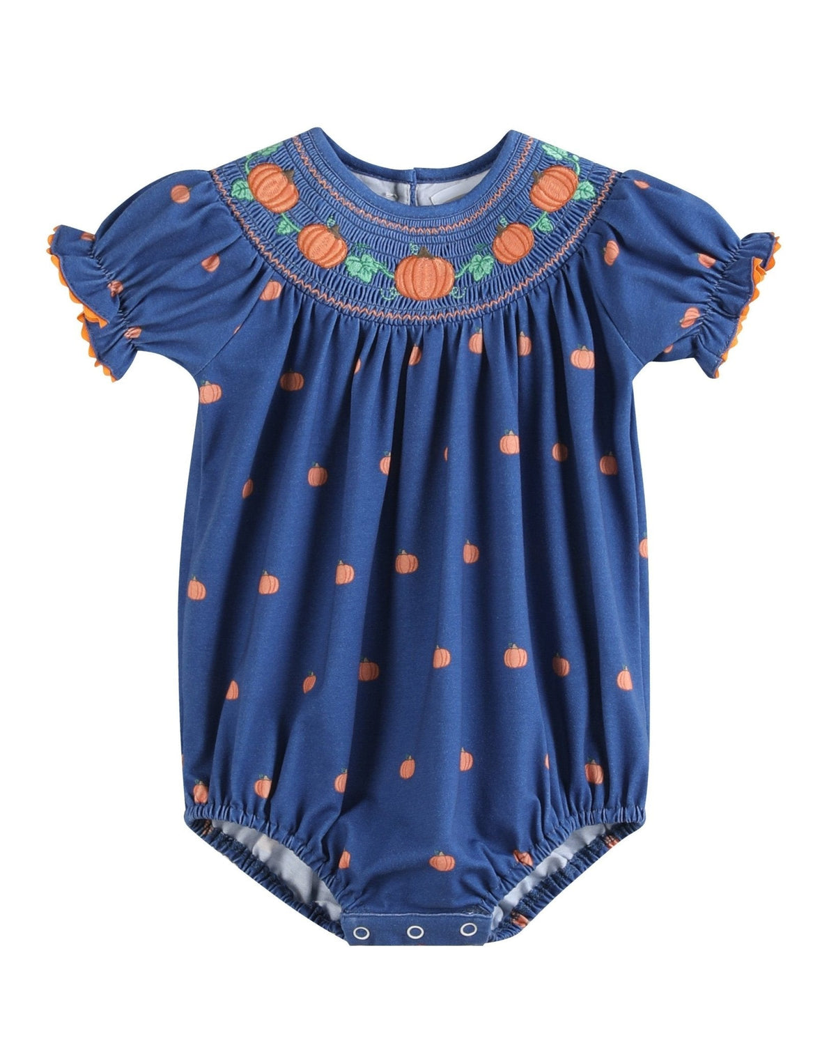 Blue Pumpkin Print Knit Smocked Bubble Romper