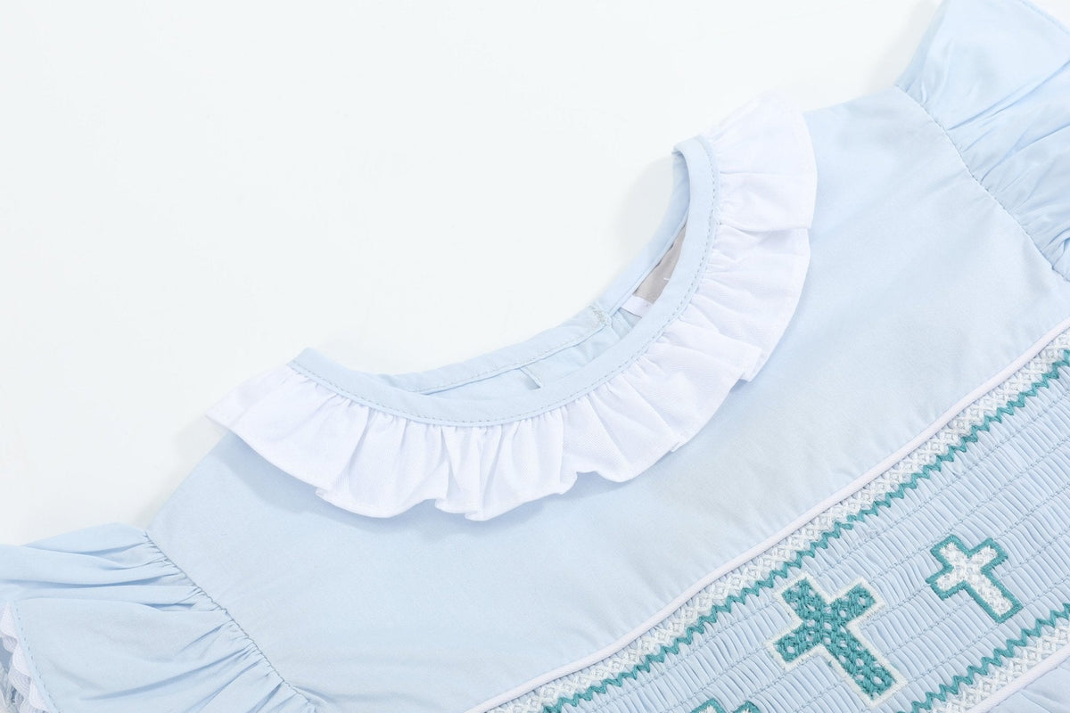 Blue Ruffled Crosses Smocked Dress