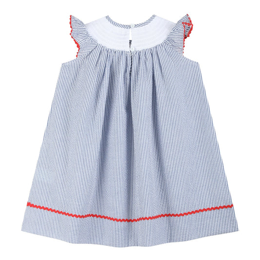 Blue Seersucker Baseball Smocked Bishop Dress