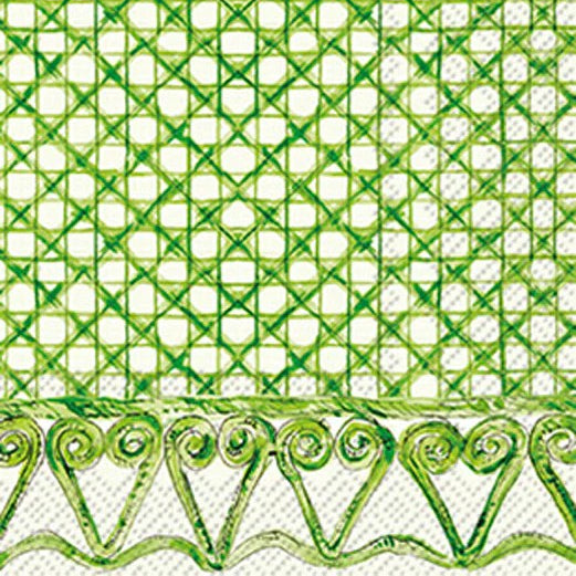 Two guest size decoupage napkins displayed side by side featuring a green diamond lattice trellis pattern with an ornate scrollwork border in sage and moss green on a cream background set of 2