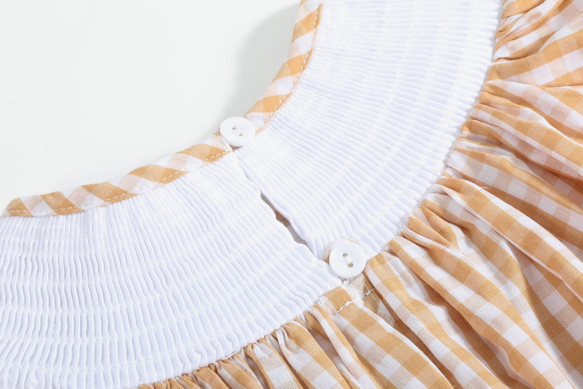 Brown Gingham Football Smocked Bishop Dress