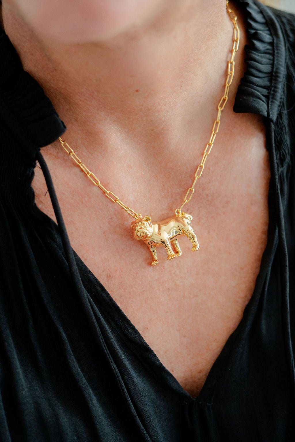 Bulldog Body - 3D Gold Charm Necklace - 18k Gold Plated - Paperclip Chain