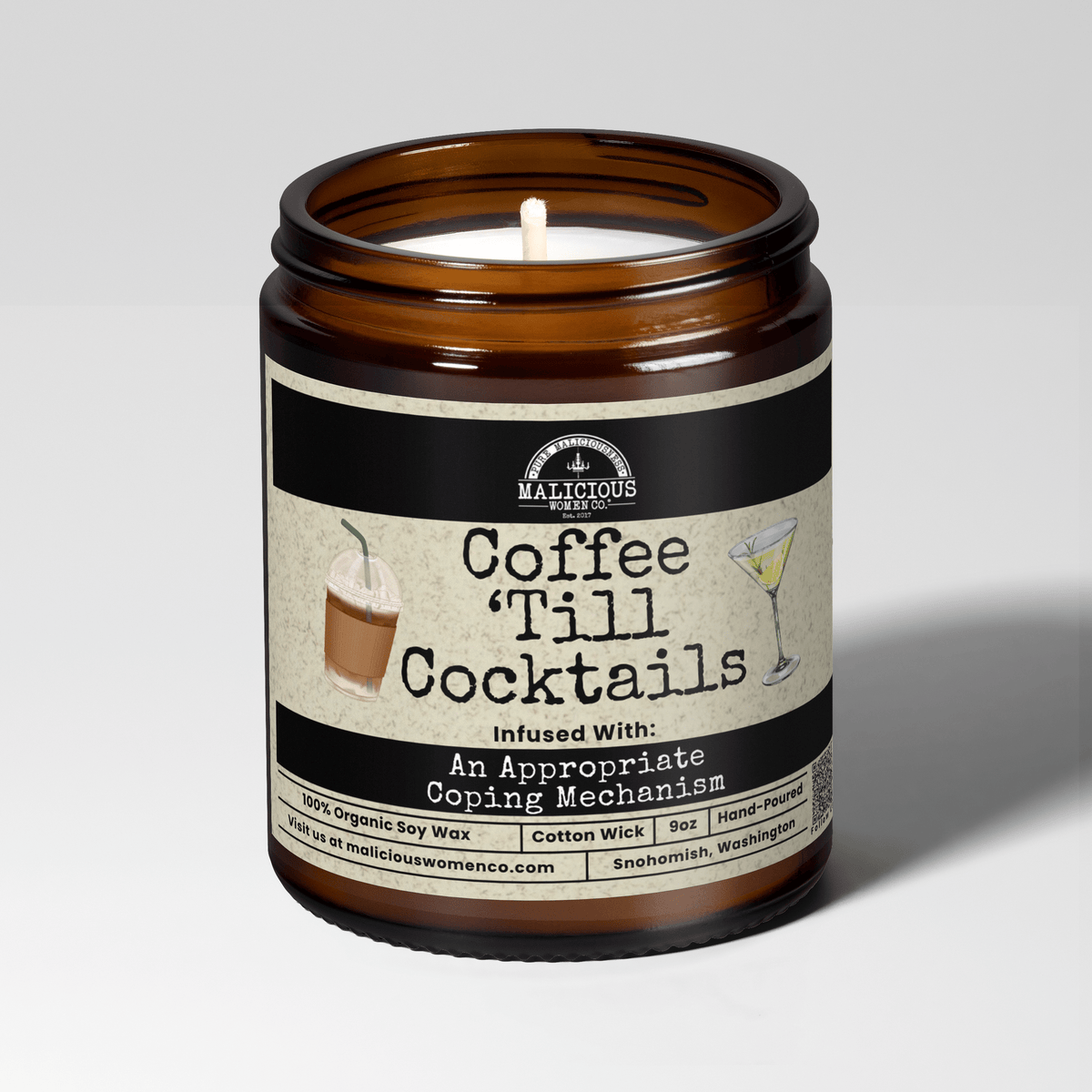 Coffee Til Cocktails | Scent: Berry Bellini | 9oz Funny Candle | Malicious Women Co
