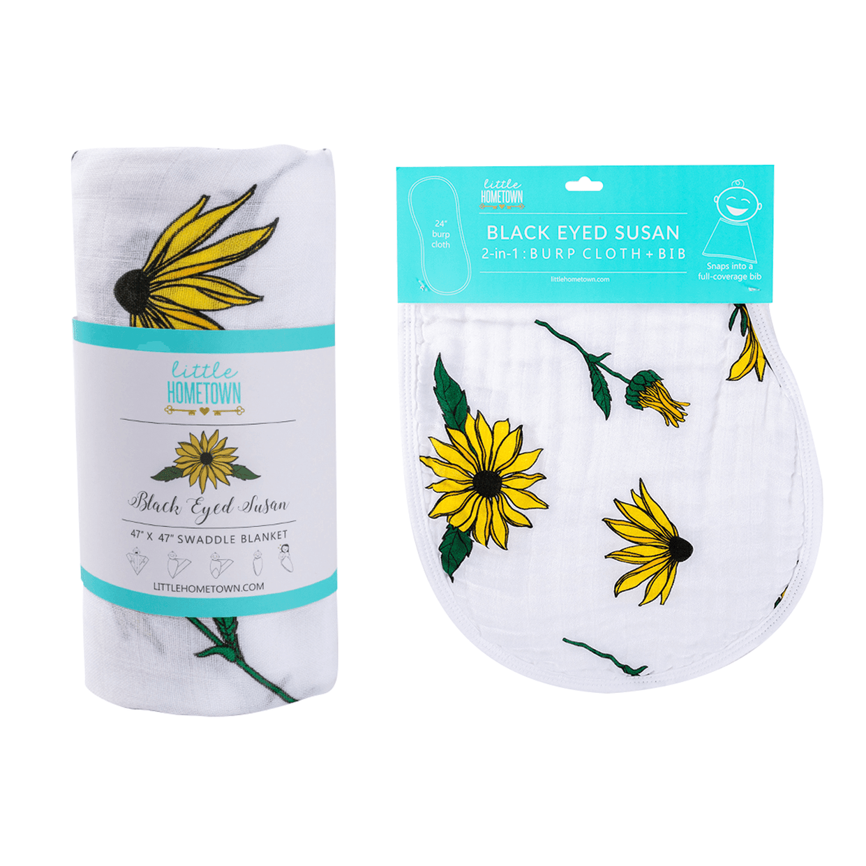Black Eyed Susan Baby Gift Set: Muslin Swaddle & Bib