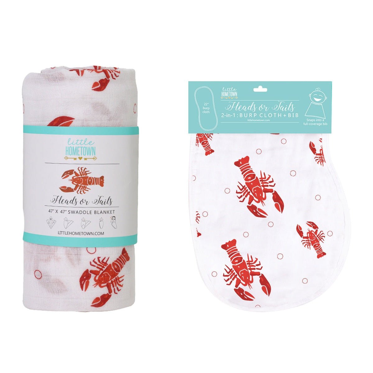Heads Tails Crawfish Lobster Newborn Gift Set: Muslin Swaddle & Bib