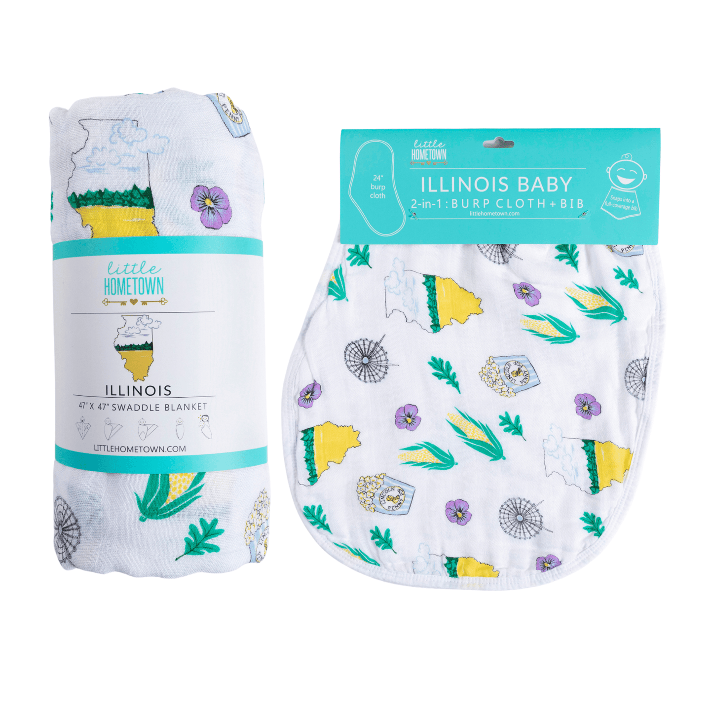 illinois Newborn Gift Set: Muslin Swaddle & Bib | Organic Cotton