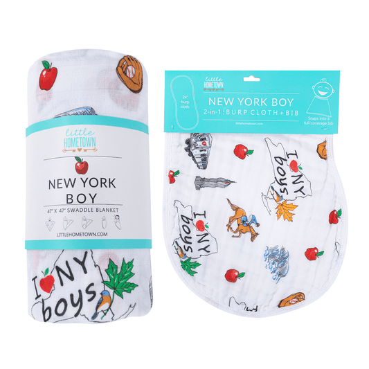 New York Boy Gift Set: Muslin Swaddle & Bib | Organic Cotton