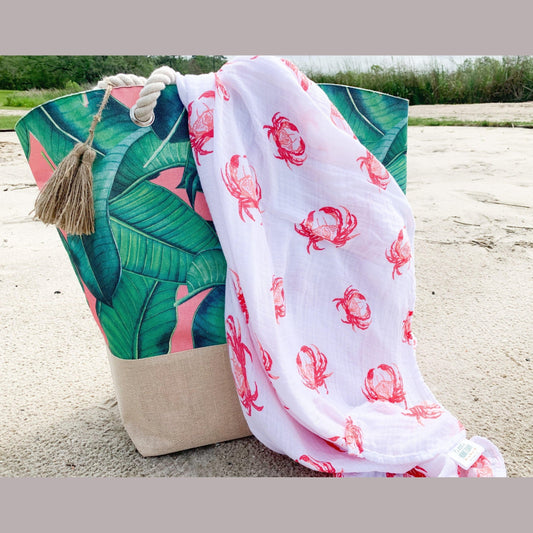 Pink Crab Newborn Gift Set: Muslin Swaddle & Bib | Organic Cotton