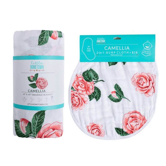 Camelia Baby Gift Set: Muslin Swaddle & Bib | Organic Cotton