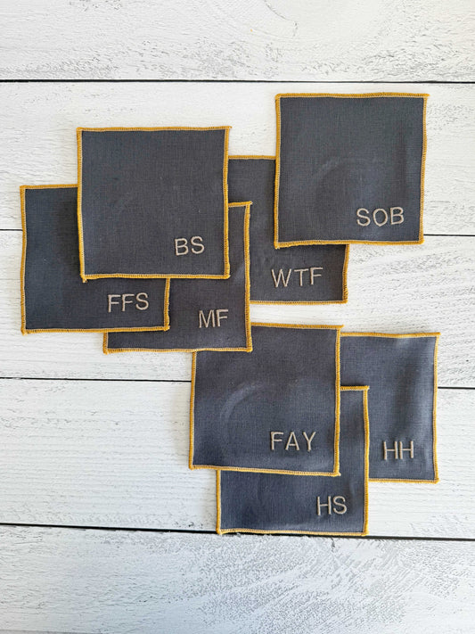 Sweary Cocktail Coasters in Grey Linen, set of eight