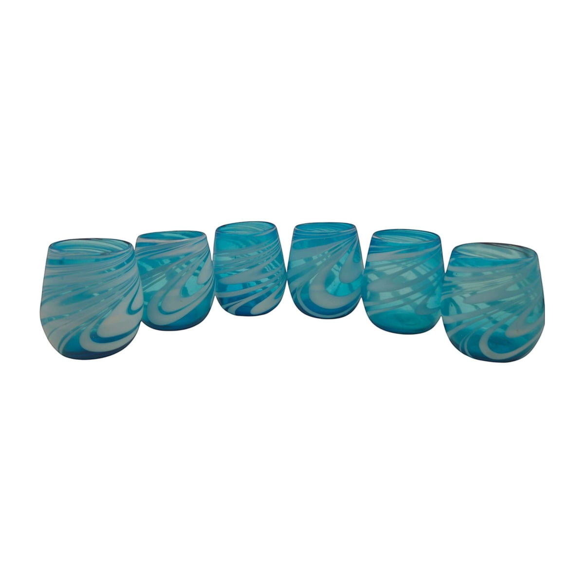 Hand-Blown Mexican Stemless Wine Glass | Teal White Swirl Design
