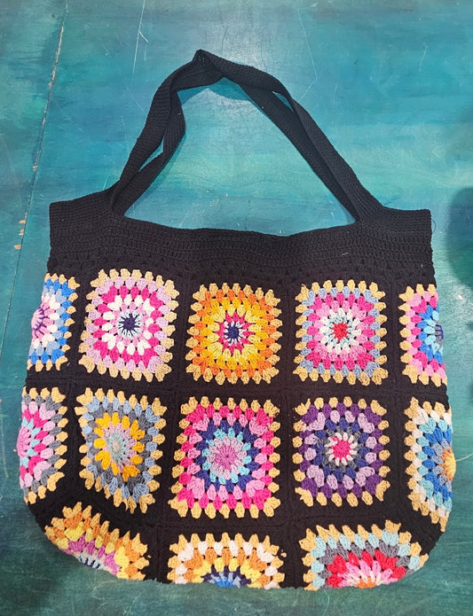 Handmade Crochet Granny Square Tote Bag – Boho Vintage Purse in 4 Colors