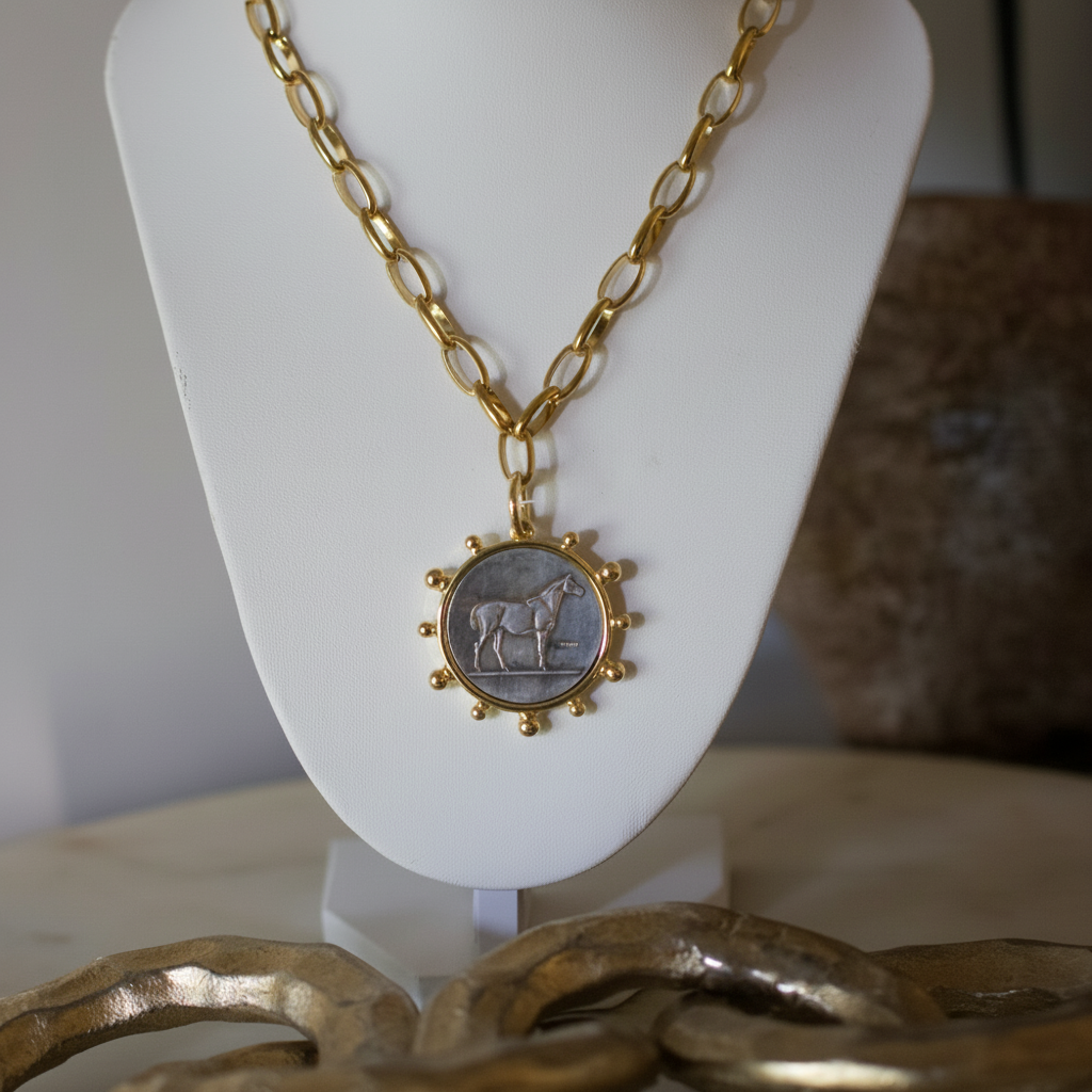 Heritage Horse Coin Necklace 18k Gold Non Tarnish Equestrian Coin
