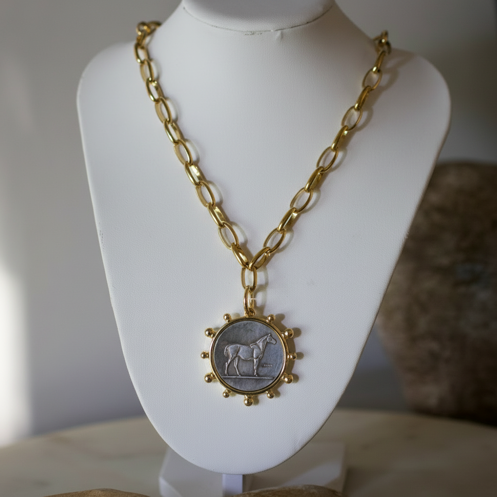 Heritage Horse Coin Necklace 18k Gold Non Tarnish Equestrian Coin