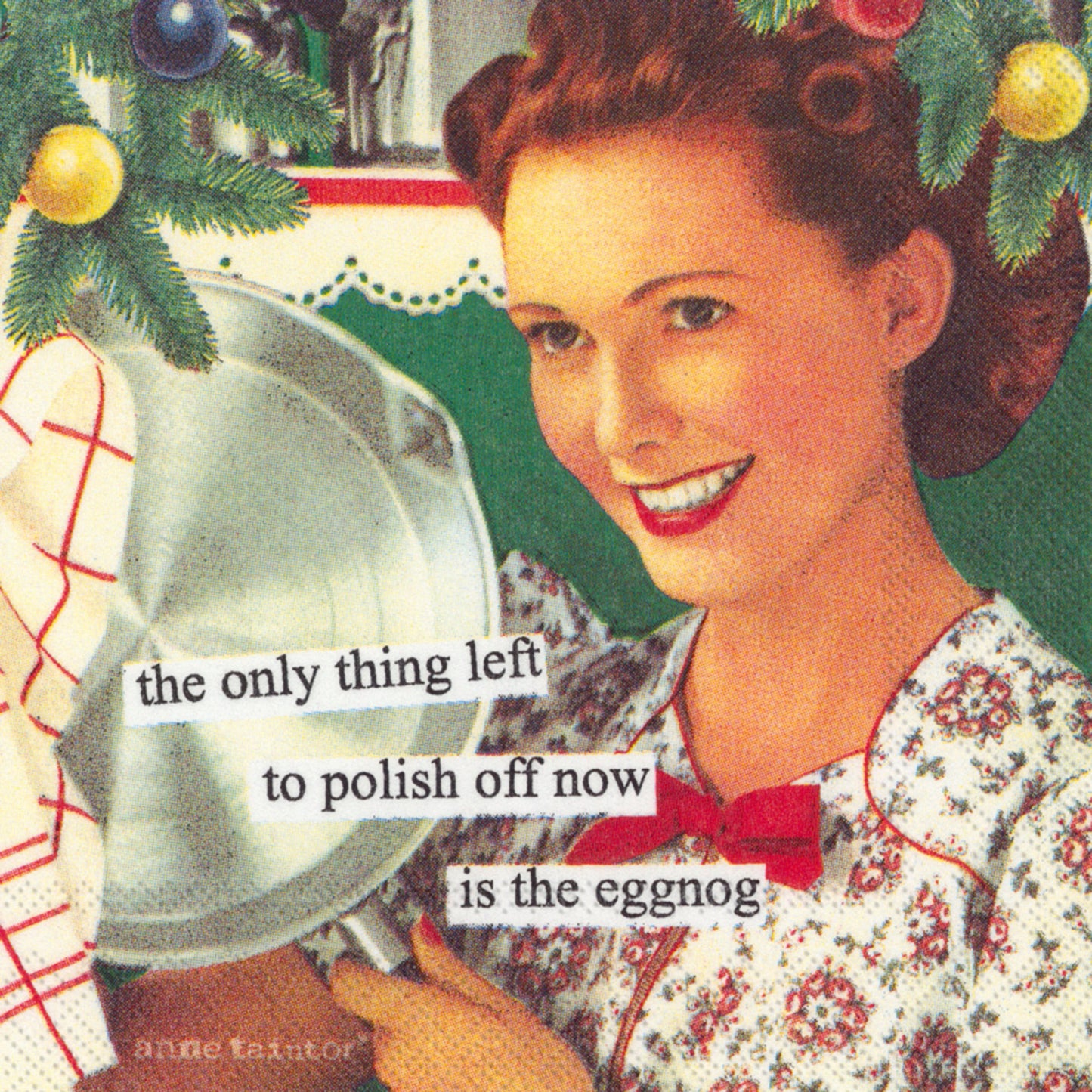 A retro-style holiday cocktail napkin featuring a smiling woman with a red and white checkered apron, holding a pan and with the text 'The only thing left to polish off now is the eggnog'.