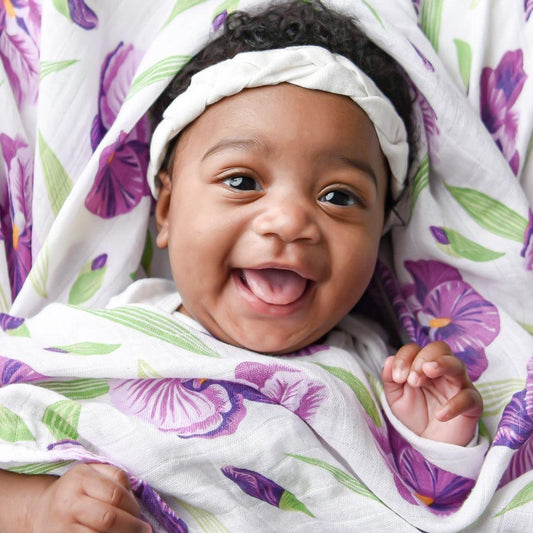 Irises Newborn Gift Set: Muslin Swaddle & Bib | Organic Cotton
