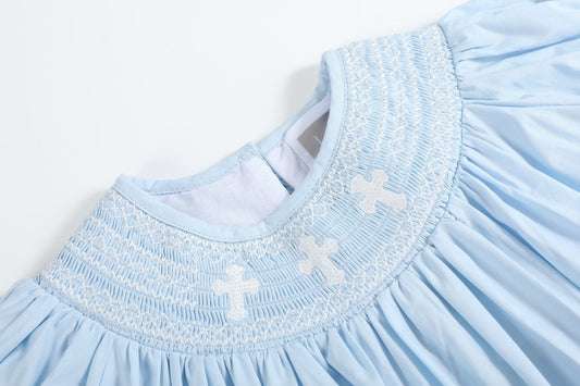 Light Blue Crosses Smocked Bishop Dress