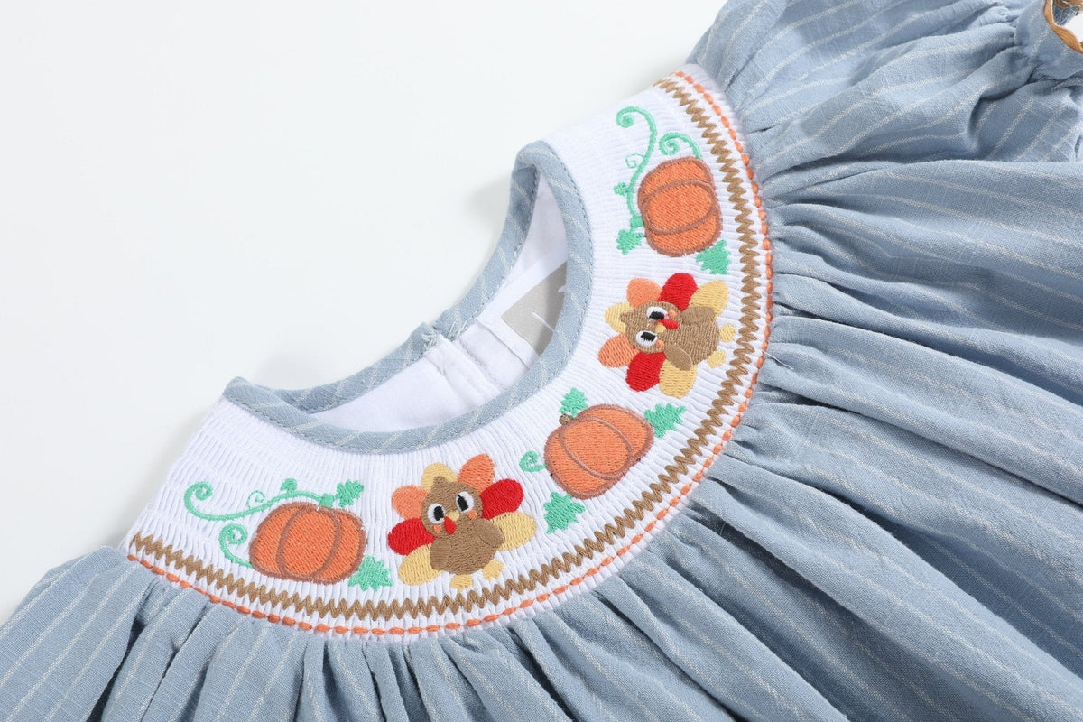 Light Blue Pinstripe Turkey Smocked Bishop Dress