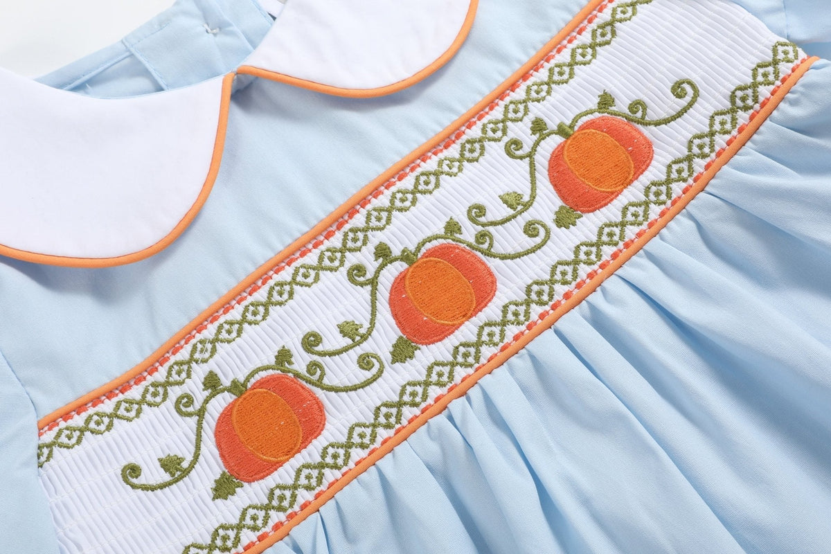 Light Blue Pumpkin Vine Smocked Dress and Bloomers