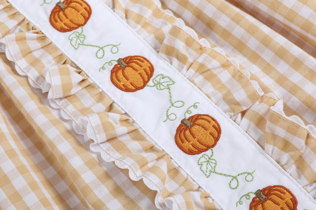 Light Brown Gingham Pumpkin Vine Ruffle Dress