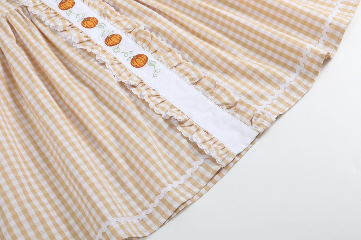 Light Brown Gingham Pumpkin Vine Ruffle Dress
