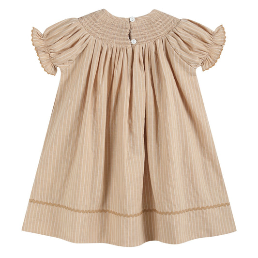 Light Brown Pinstripe Pumpkin Smocked Bishop Dress