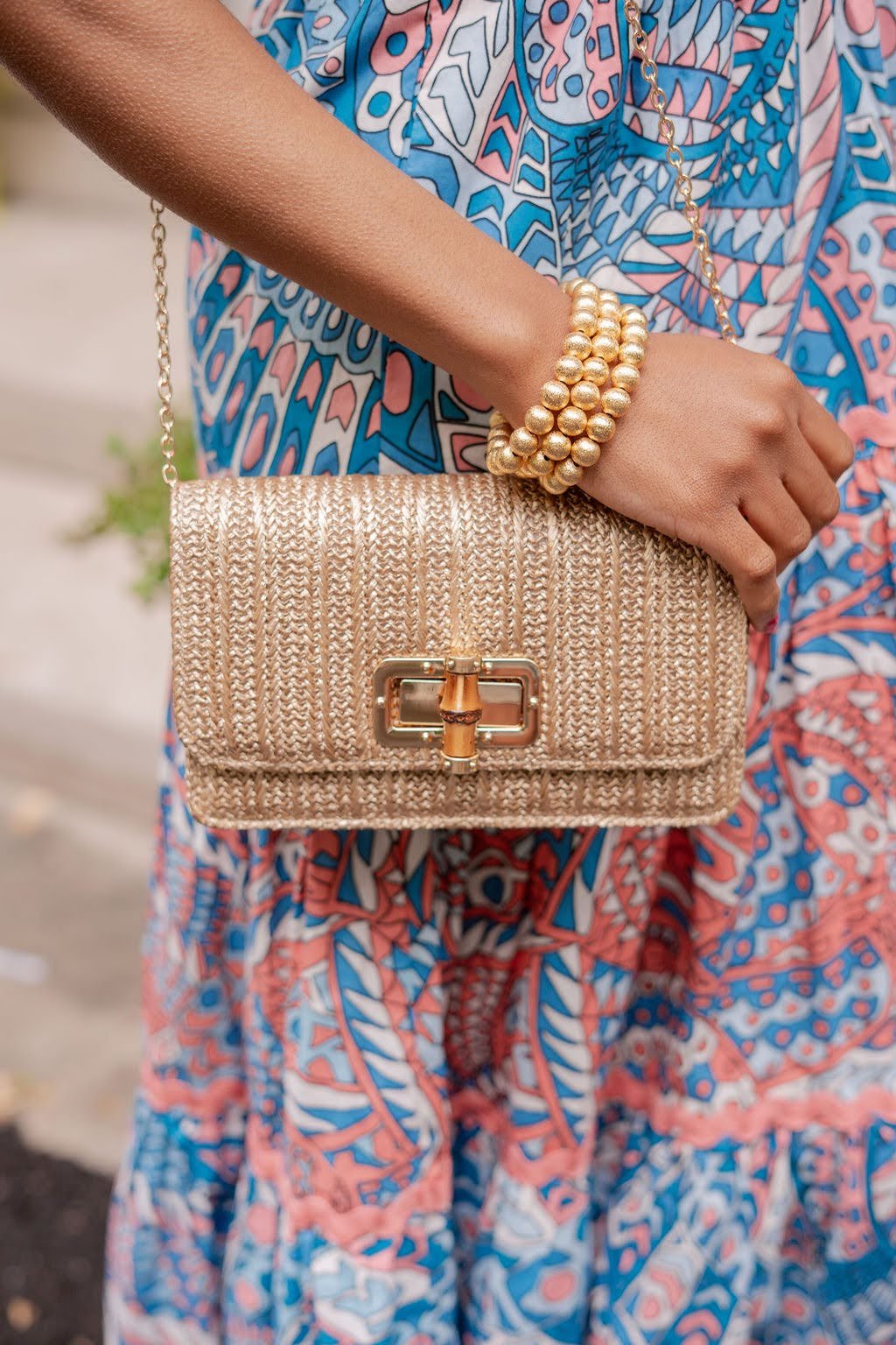Lilly - Gold Woven Straw Clutch - Bamboo Toggle