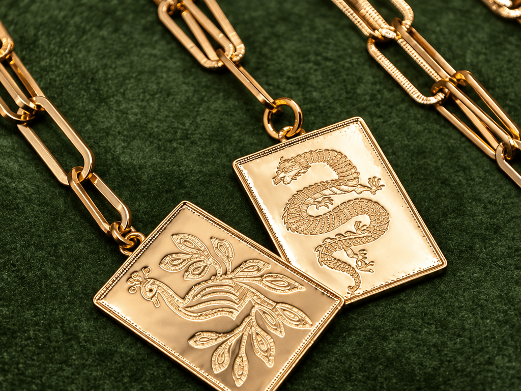 Mahjong Charm Tile Necklace- Paper Clip chain - 18k Gold Plated