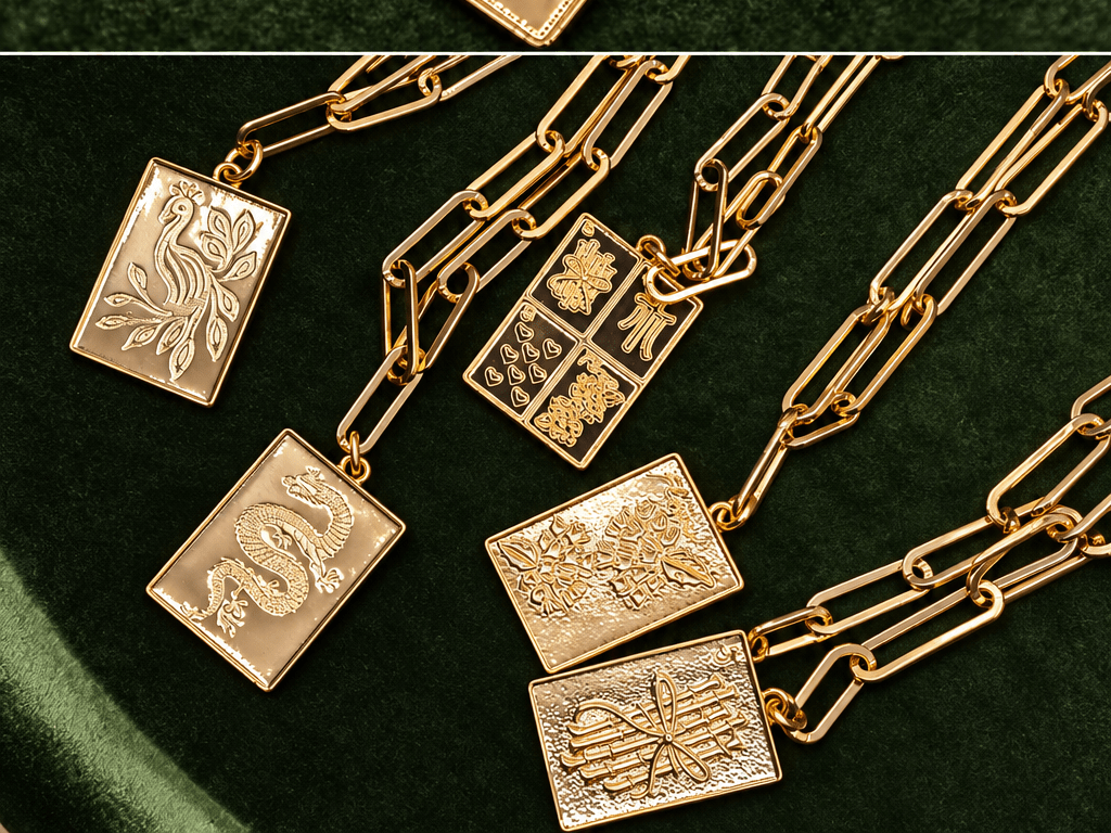 Mahjong Charm Tile Necklace- Paper Clip chain - 18k Gold Plated