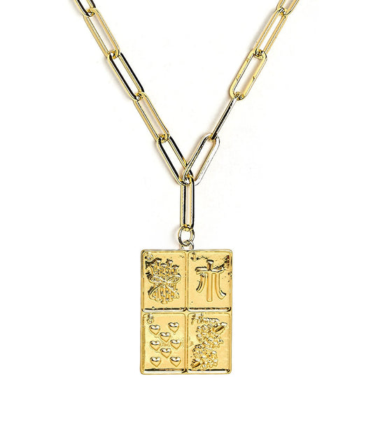 Mahjong Charm Tile Necklace- Paper Clip chain - 18k Gold Plated