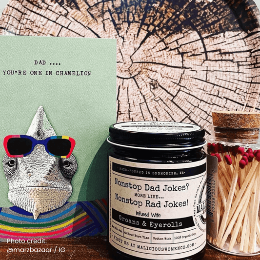 Nonstop Dad Jokes? More Like... Nonstop Rad Jokes! | Scent: Mahogany Coconut | 9oz Family Candle | Malicious Women Co