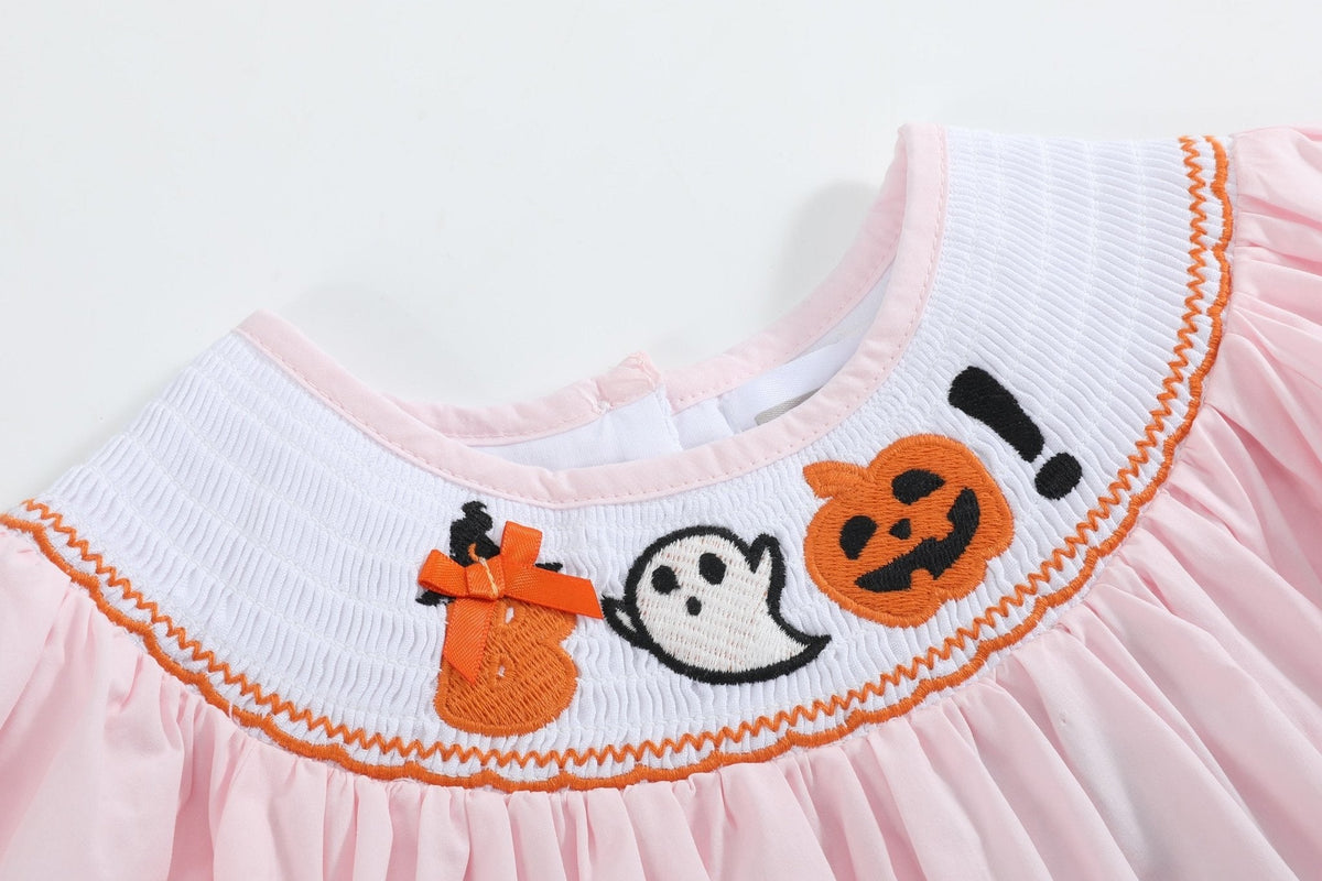Halloween Pink and Orange Gingham Boo Smocked Bishop Dress